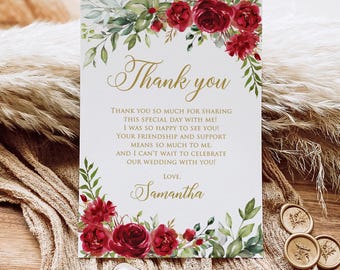 Peach Ivory Cream Rose Garden Personalized Wedding Thank You Cards - Red Heart Print