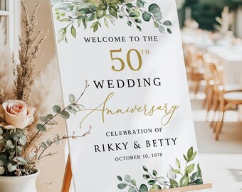 PRINTED or DIGITAL Greenery 50th Wedding Anniversary Welcome Sign, Foam Board, Poster, B195-1