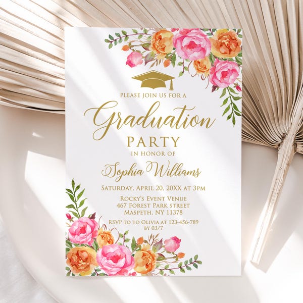PRINTED or DIGITAL Hot Pink and Orange Graduation Invitation, Floral Grad Party Invite, PW58-1