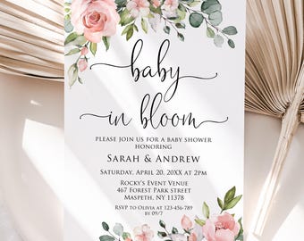 PRINTED or DIGITAL Blush Pink Floral Baby Shower Invitation, Baby in Bloom Girls Baby Shower Invite, PW1268-1