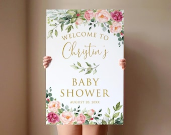 PRINTED and SHIPPED Pink Floral Baby Shower Welcome Sign, Foam Board, Faux Gold, P51-1