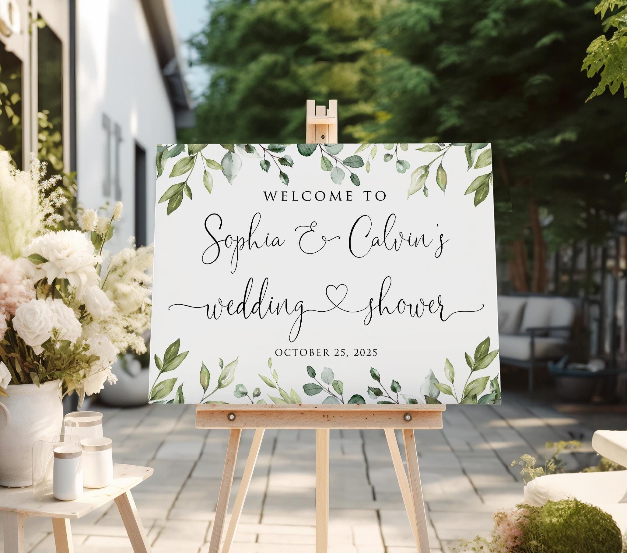 PRINTED or DIGITAL Greenery Wedding Shower Welcome Sign, Botanical Couples Shower Welcome Sign, Foam Board or Poster, PW1124-2