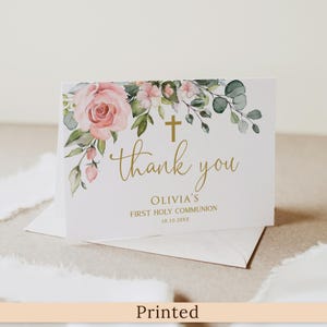 Cartes de remerciement pliées pour la première communion florales roses ou numériques, notes de remerciement pour la communion fille avec enveloppes simili or PW1267-2