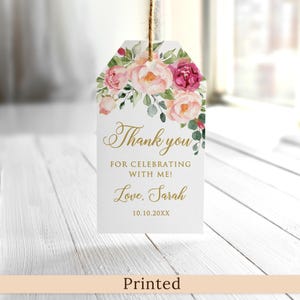 PRINTED and SHIPPED Pink Floral Bridal Shower Favor Tags, Faux Gold, P57-1