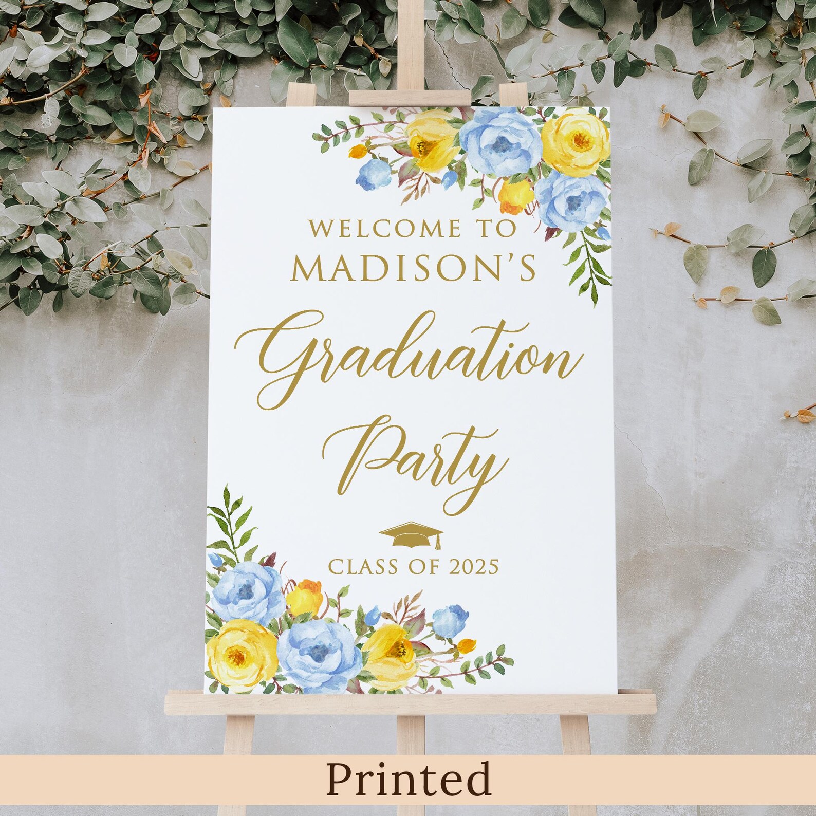 PRINTED or DIGITAL Blue and Yellow Floral Graduation Party Welcome Sign ...