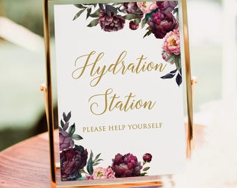 PRINTED or DIGITAL Burgundy Floral Hydration Station Sign, Unframed, B42