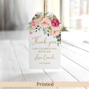 PRINTED or DIGITAL Floral Bridal Shower Favor Tags with Watercolor Pink Flowers, Birthday Thank You Tags, Faux Gold, P51-1