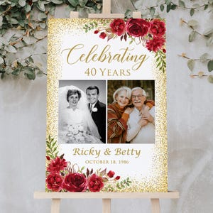 May include: A gold glitter-framed sign celebrating 40 years. It features two photos of a couple, one in their younger years and one in their present. The sign is decorated with burgundy floral accents and the names "Ricky & Betty" with the date "October 18, 1986".