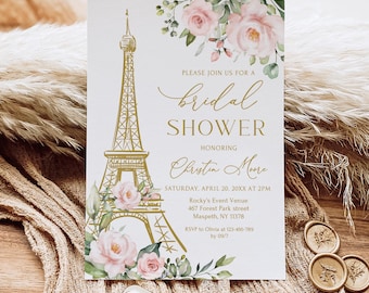 May include: A white bridal shower invitation with a gold Eiffel Tower illustration and pink floral accents. The text reads "Please join us for a bridal shower honoring Christin Moore, Saturday, April 20, 20XX at 2PM, Rocky's Event Venue, 467 Forest Park Street, Maspeth, NY 11378, RSVP to Olivia at 123-456-789 by 09/7".