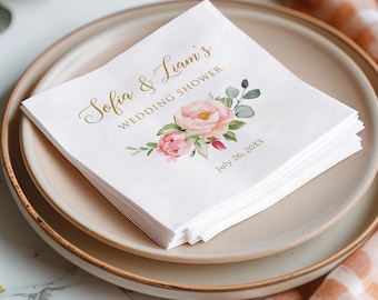 PRINTED Floral Personalized Wedding Shower Napkins, Custom Napkins, Faux Gold, P57-E
