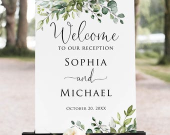 PRINTED or DIGITAL Personalized Wedding Reception Welcome Sign Greenery Foam Board or Poster, PW1124-3