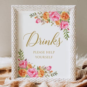 Enseigne de boissons rose vif et orange, IMPRIMÉE ou NUMÉRIQUE, Station de cocktails, enseigne de bar floral, sans cadre, imitation or, PW58-1