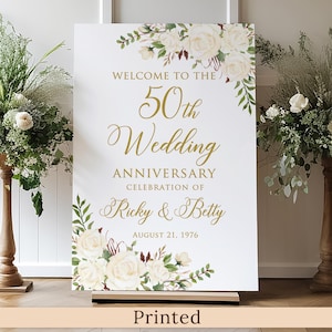 Panneau de bienvenue floral 50e anniversaire, IMPRIMÉE ou NUMÉRIQUE avec fleurs blanches, faux or, carton mousse ou poster, PW950-1