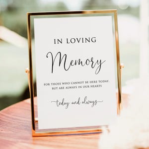 May include: A gold-framed sign with the words "IN LOVING Memory" in elegant black script. The sign includes the text "FOR THOSE WHO CANNOT BE HERE TODAY, BUT ARE ALWAYS IN OUR HEARTS" and "today and always".
