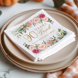 Pink Floral 90th Birthday Napkins, Personalized Birthday Party Napkins, 90 Years Loved, P57-A