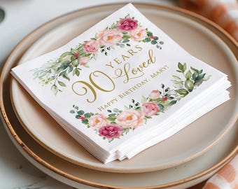 Pink Floral 90th Birthday Napkins, Personalized Birthday Party Napkins, 90 Years Loved, P57-A