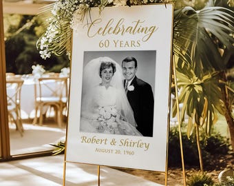 PRINTED or DIGITAL 60th Wedding Anniversary Welcome Sign with Photo, Celebrating 60 Years, Faux Gold, Foam Board or Poster, PW1409N