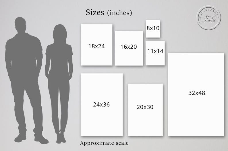 May include: Image showing the approximate scale of various canvas sizes, including 8x10, 11x14, 16x20, 18x24, 20x30, 24x36, and 32x48 inches. Silhouettes of a man and woman are included for scale comparison. The text "Sizes (inches)" is displayed.