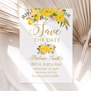 Cartes de réservation d'anniversaire jaunes imprimées ou numériques, réservez cette date floral pour 80e anniversaire, faux or, BS64-1