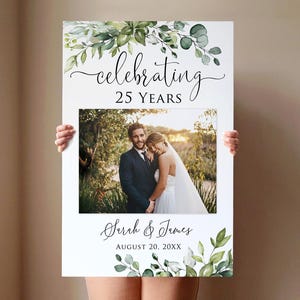 PRINTED or DIGITAL 25th Anniversary Welcome Sign, 25th Wedding Sign, Greenery Photo Anniversary Poster, Celebrating 25 Years, PW1124L