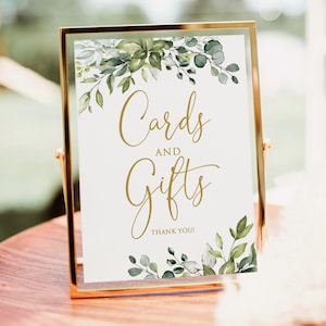 Cartes de verdure imprimées ou numériques et signe de cadeaux, signe de table sans cadre de mariage botanique, faux or, signe de cadeaux de mariée ou de baby shower, PW1128