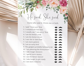 PRINTED or DIGITAL Pink Floral He Said She Said Bridal Shower Game, Guess Who, P70
