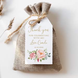 PRINTED or DIGITAL Pink Floral Bridal Shower Favor Tags, Birthday Thank You Tags, Faux Gold, P51-3