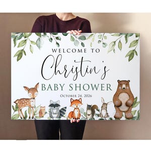 Letrero de bienvenida para baby shower con temática de bosque, impreso o DIGITAL, decoraciones con animales del bosque en acuarela, impresión en cartón pluma o póster, P24-2