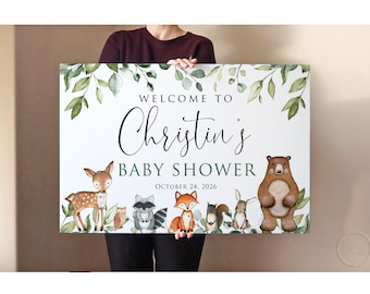 PRINTED or DIGITAL Woodland Baby Shower Welcome Sign, Watercolor Forest Animal Decorations, Foam Board or Poster Print, P24-2