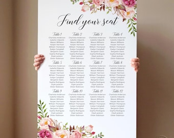 Pink Floral Birthday Seating Chart, Guest Table Plan Foam Board or Poster, PW99