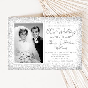 Faire-part photo 60e anniversaire imprimé ou numérique, faire-part de mariage en argent, argent synthétique, PW894-2