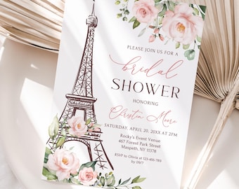 May include: Bridal shower invitation featuring a brown Eiffel Tower illustration, pink roses, and green foliage. The invitation text reads "Please join us for a bridal shower" and includes event details.