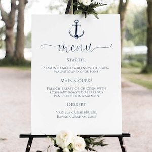 PRINTED or DIGITAL Navy Nautical Menu Sign, Anchor Wedding Menu Sign, Foam Board or Poster, PWP15