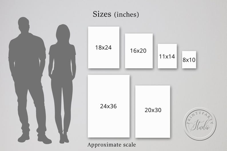 May include: A chart showing different sizes of prints in inches, with a silhouette of a man and woman for scale. The sizes are 8x10, 11x14, 16x20, 18x24, 20x30, and 24x36.