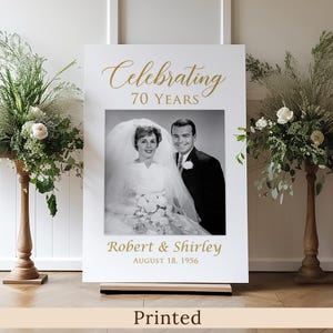 Panneau de bienvenue imprimé ou numérique pour les 70 ans de mariage, affiche photo d'anniversaire de mariage, célébrant les 70 ans, imitation or, panneau en mousse, PW1409L
