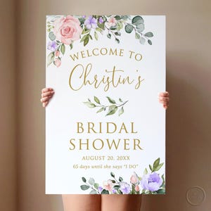 Letrero de bienvenida para despedida de soltera, impreso o digital, con flores en rosa claro y morado, cartón pluma o póster, dorado falso, BS53-1