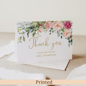 Cartes de remerciement pliées pour la douche nuptiale imprimées ou numériques, notes de remerciement florales roses pour la douche nuptiale avec enveloppes, imitation or, P51-1