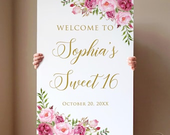 PRINTED or DIGITAL Hot Pink Sweet Sixteen Welcome Sign, Floral 16 Birthday Poster or Foam Board, P77-1
