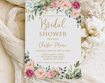PRINTED or DIGITAL Pink Floral Bridal Shower Invitation, P51-2