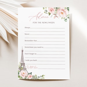 Carte-conseils imprimée ou numérique pour la douche nuptiale à Paris avec tour Eiffel et fleurs rose poudré, conseils pour les jeunes mariés, BS1
