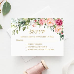 Cartes RSVP florales roses IMPRIMÉES ou NUMÉRIQUES, insert de mariage, réponse de souhaits d'anniversaire, carte de réponse, P51-1