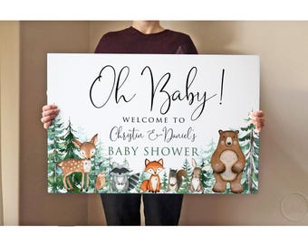 Printed Woodland Animals Baby Shower Sign, Watercolor Forest Welcome Poster, Foam Board, P23-2