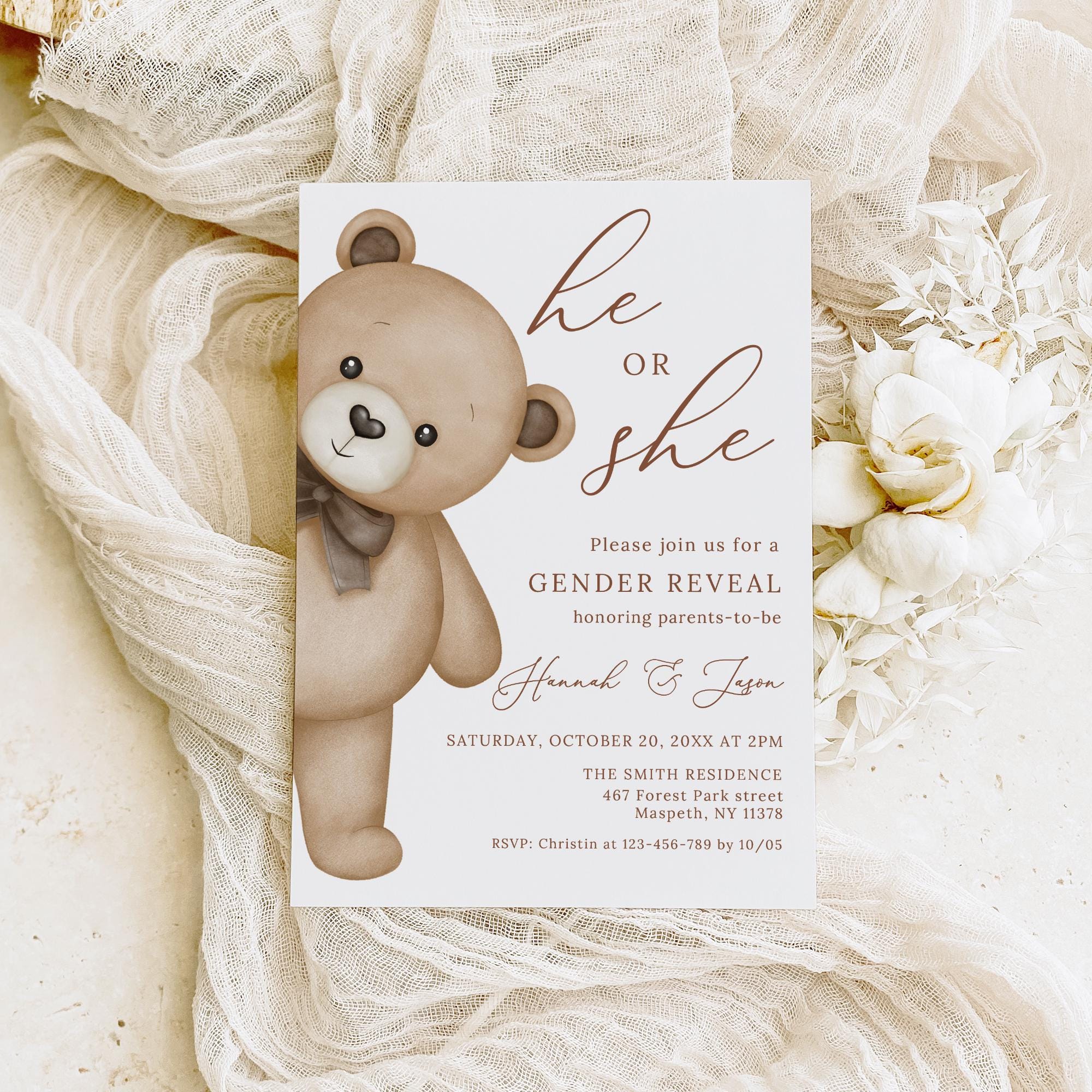 ベアー PRINTED or DIGITAL Teddy Bear Gender Reveal Invitation With