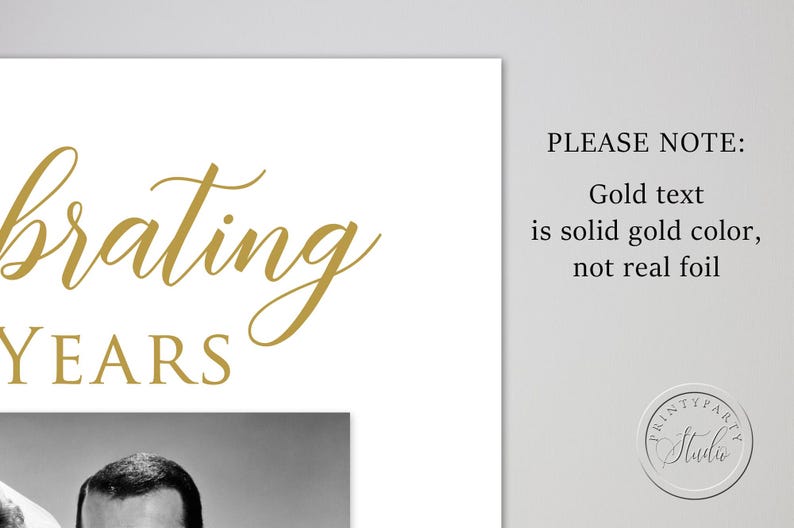 May include: Gold text on a white background that reads "Celebrating Years". The text is in a cursive font. A black and white photo of a couple is below the text.