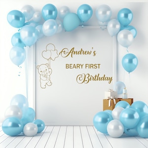 Beary First Birthday Wall Decal, Custom Name Vinyl Sticker, Custom Birthday Decal, Bear Balloons Backdrop Decor a093