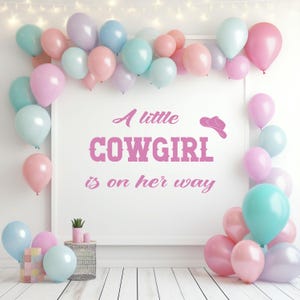 May include: A pink and white banner with the text "A little COWGIRL is on her way" with a pink cowboy hat graphic. The banner is decorated with pastel pink, blue, and white balloons.