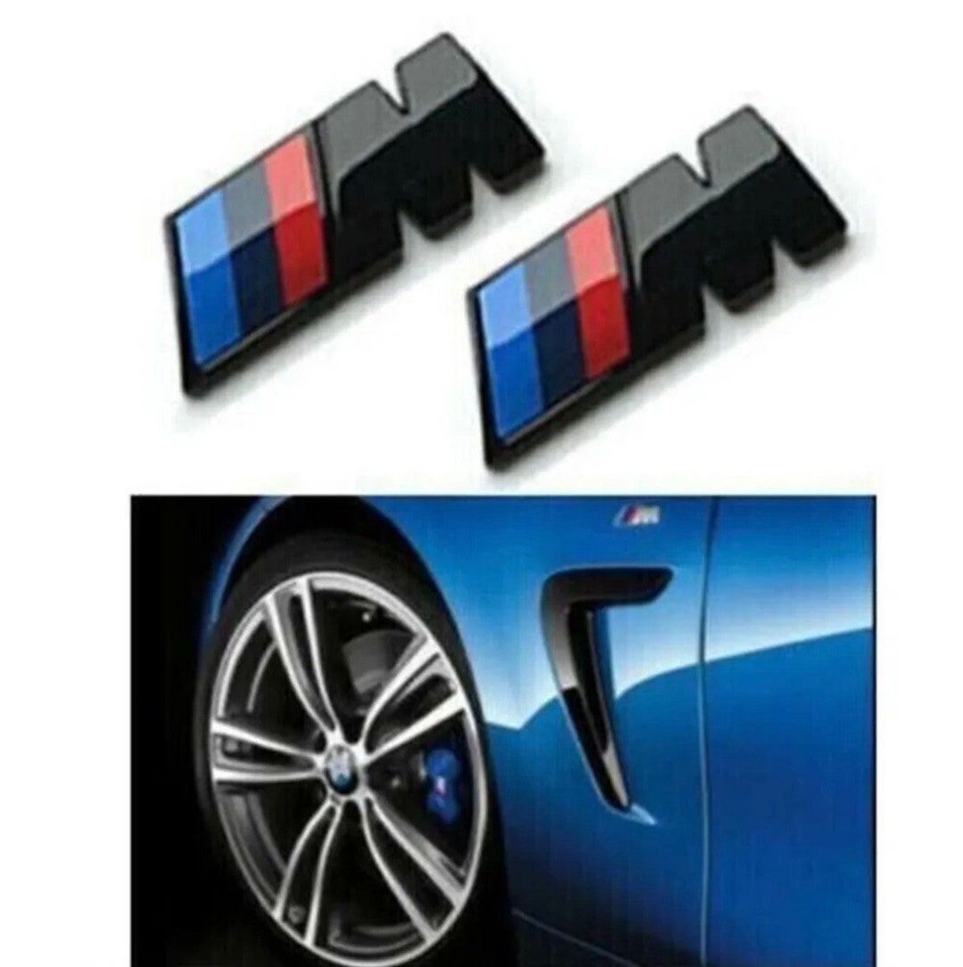2x BMW M Sport Emblem Badges - Chrome Silver 45x15mm Fender Side Wing Stickers