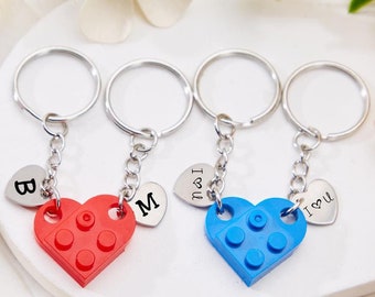 Custom Brick Heart Keychain Set,Personalized Heart Keychain Set ,Engraved Couple Love Keychain With Initials,Valentine&#39;s Day Gift For Couple