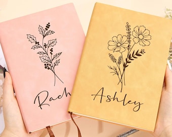 Custom Birth Flower Name Journal,Personalized Leather Journal,Prayer Journal for Women,Wellness Journal,Gratitude Journal, Birth Flower Gift