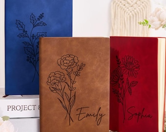 Personalized Birth Flower Journal,Custom Birth Month Flower Notebook,Engraved Leather Journal,Birthday Gift, Back To School Gift For Her